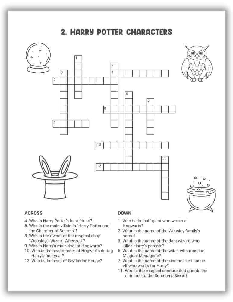 Harry Potter Characters Crossword Puzzle Printable — character names and themed clues.