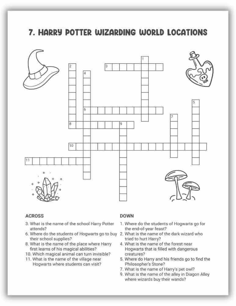 Harry Potter Wizarding World Locations Crossword Puzzle Printable — clues about famous magical places.