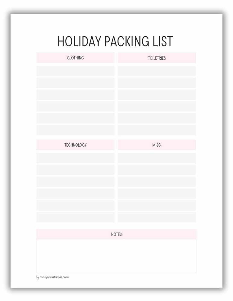 Pink holiday packing list printable for Christmas travel version 2