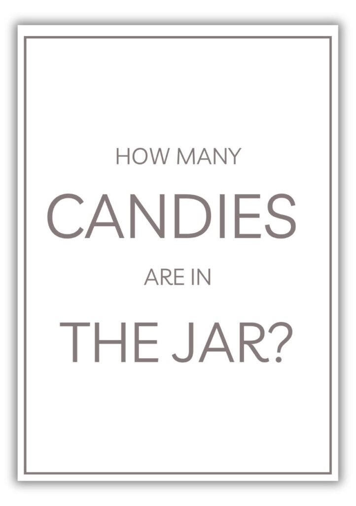Neutral baby shower How Many Candies in the Jar printable game sign with minimalist typography.