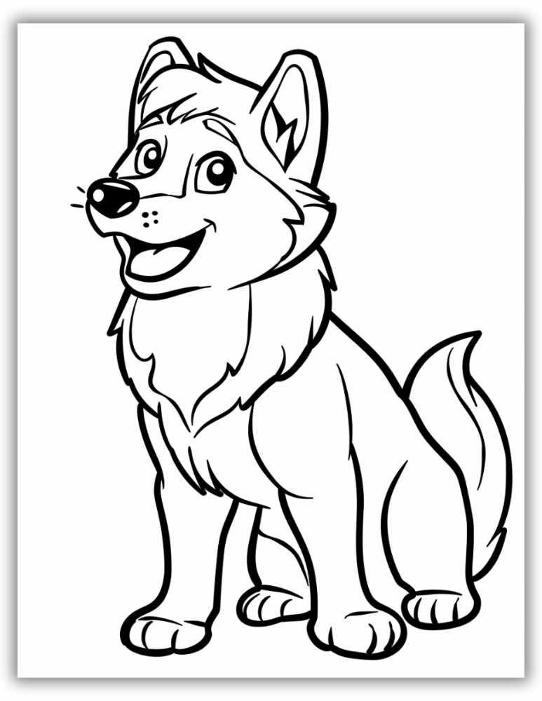 Cute cartoon-style husky standing with a big smile – printable coloring page in black and white line art.
