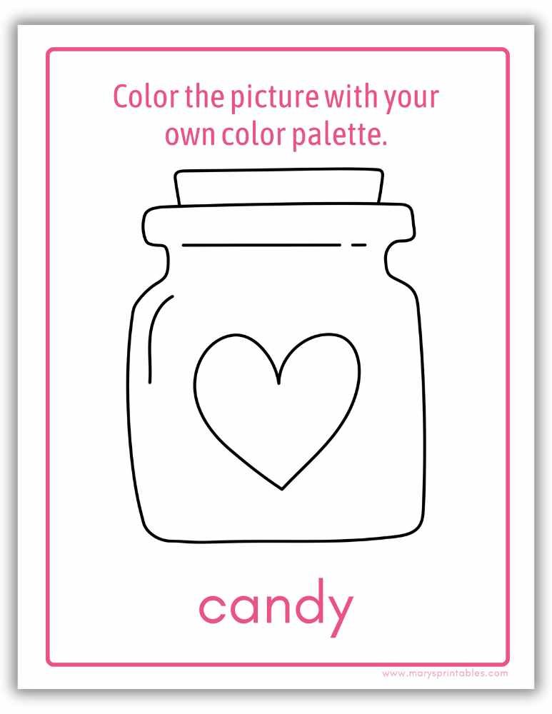 Valentine&rsquo;s Day color the picture worksheet with themed objects featuring a candy jar
