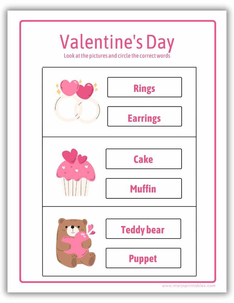 Valentine vocabulary worksheet printable with themed images
