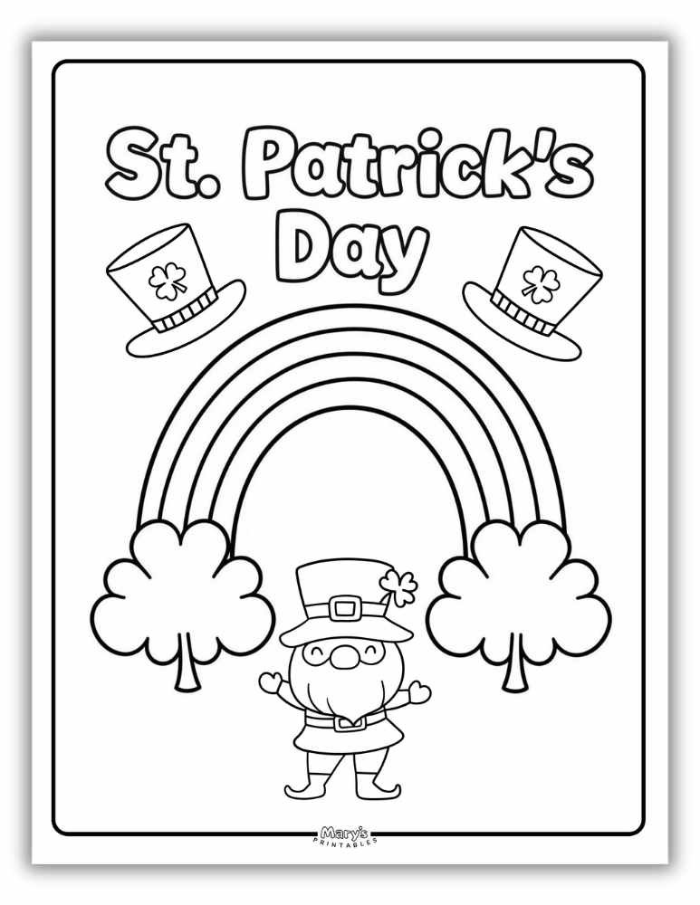 Cute leprechaun and rainbow St. Patrick’s Day coloring page for kids