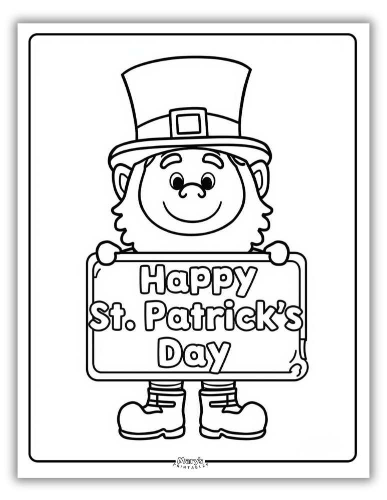 St. Patrick’s Day coloring page of leprechaun holding a holiday banner -Happy St. Patricks Day