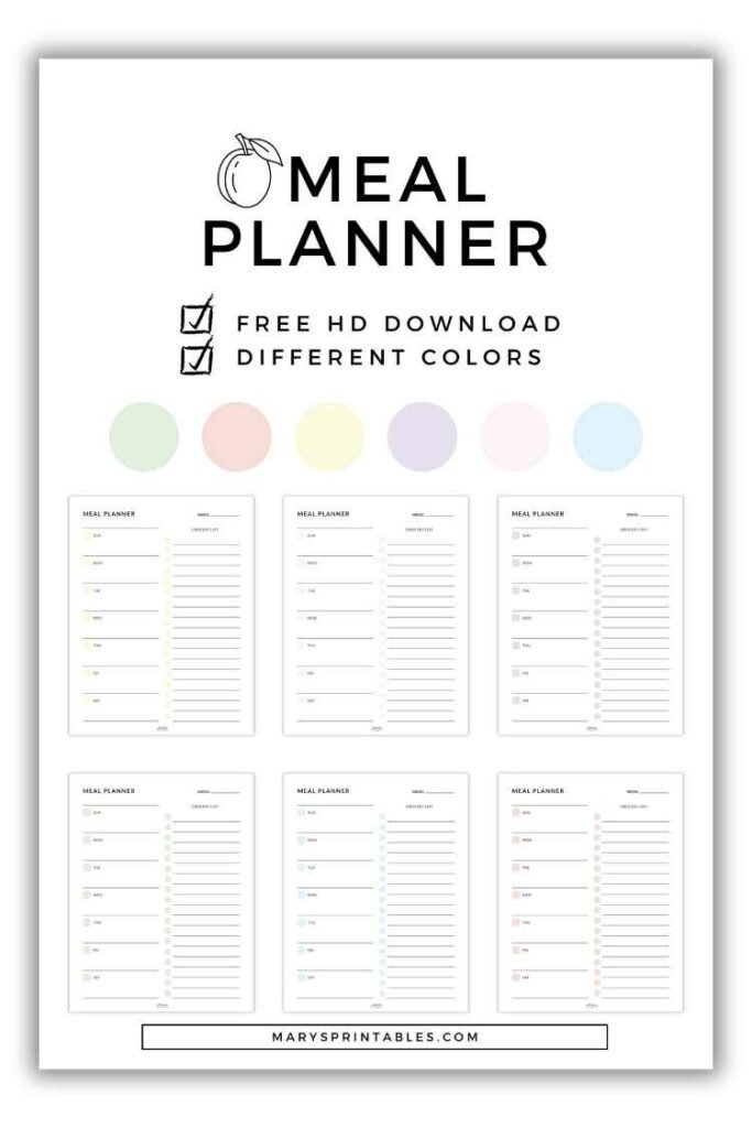 Printable meal planner with weekly layout for planning breakfasts, lunches, dinners, and groceries