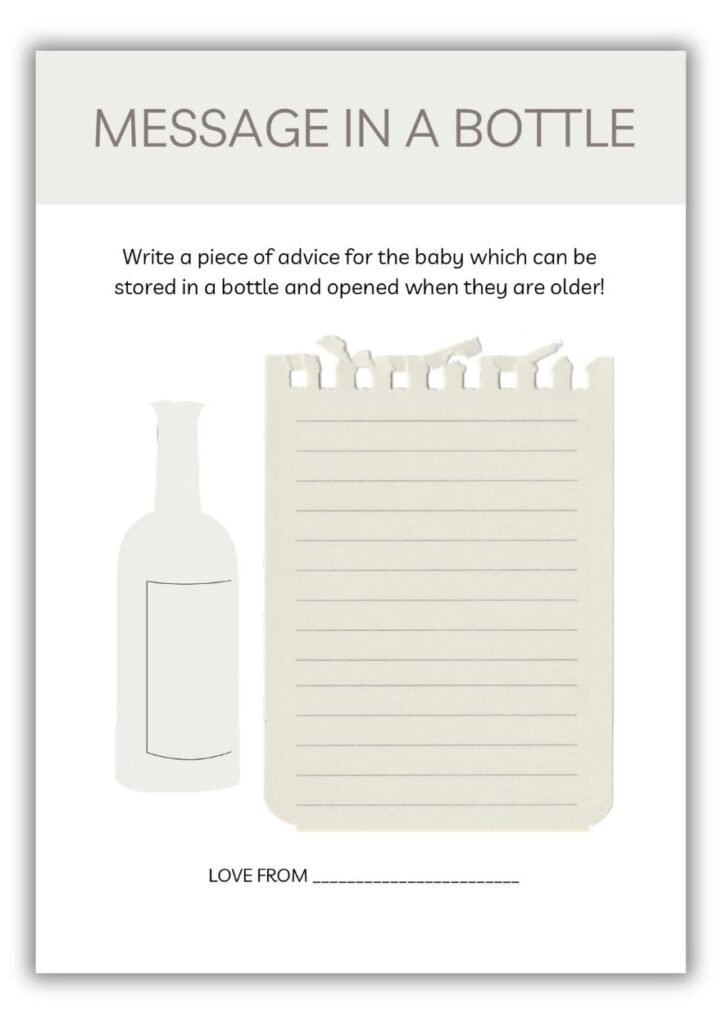 Neutral baby shower Message in a Bottle printable with bottle illustration and lined page for baby advice notes.
