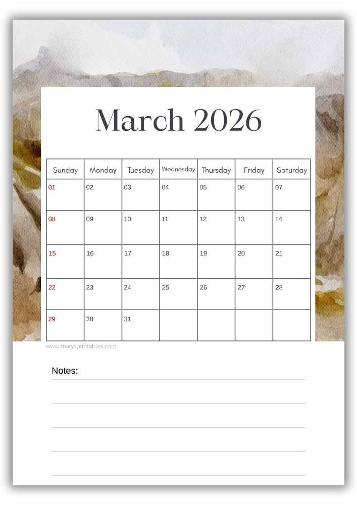 Vertical March calendar with a minimalist watercolor landscape background and open writing space.
