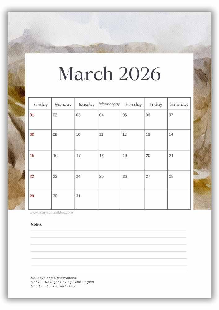 Vertical March calendar featuring a watercolor landscape design with US holidays included.