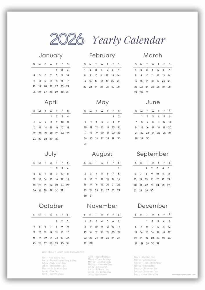 Blue Outline -2026 Yearly Vertical Calendar with US Holidays