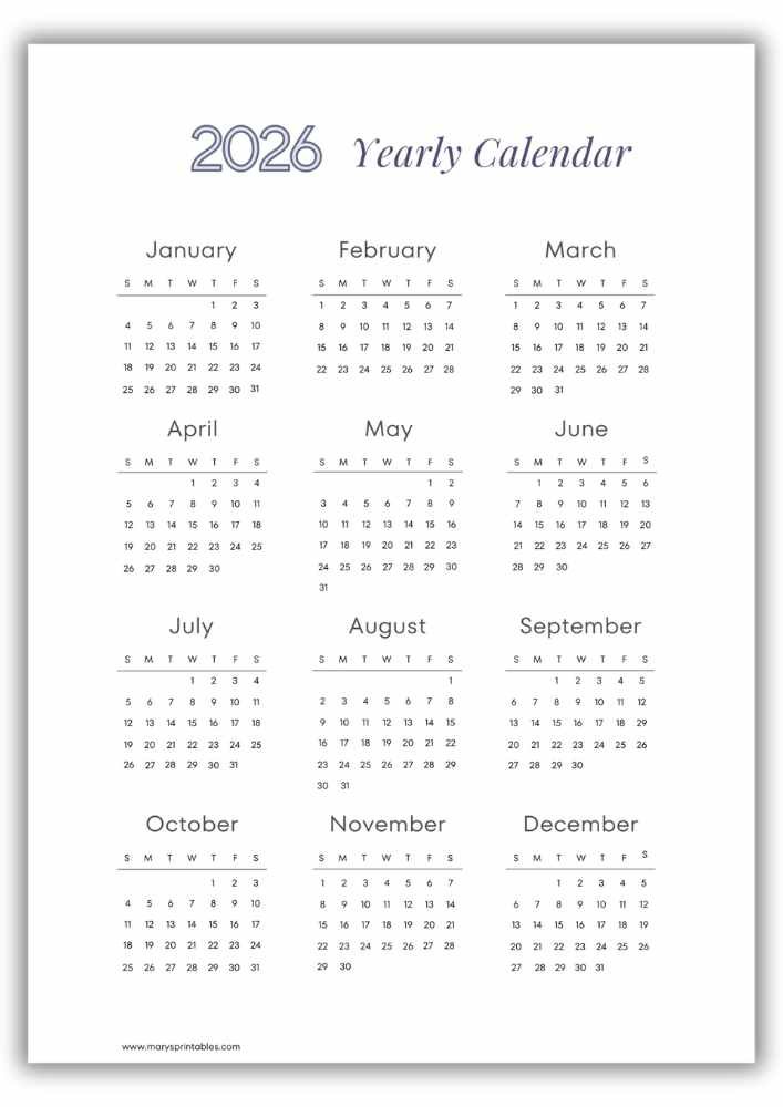 Blue Outline -2026 Yearly Vertical Calendar No Holidays