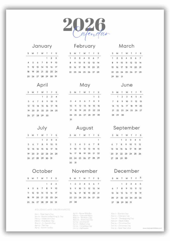 Modern 2026 yearly calendar with grey numerals and blue script title, including a complete list of U.S. holidays for reference.