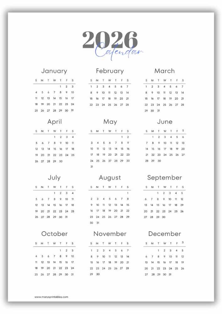 Contemporary 2026 calendar featuring a grey bold number header paired with a blue script font and a clean no-holidays layout.