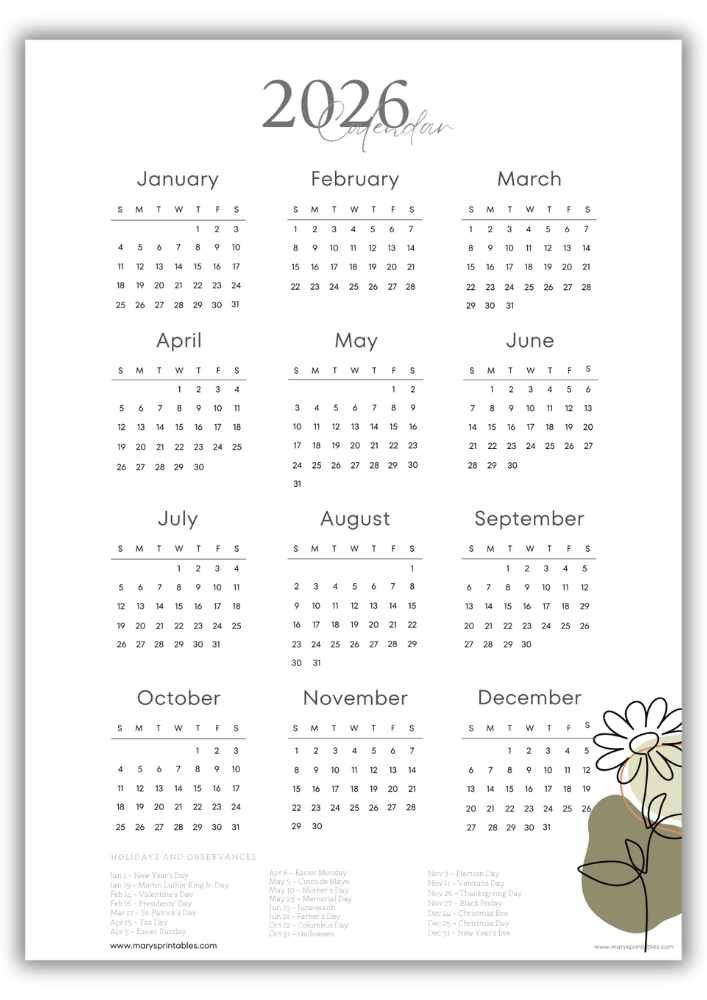 Soft neutral 2026 printable calendar with modern daisy line-art accents and a complete set of U.S. holidays displayed at the bottom.