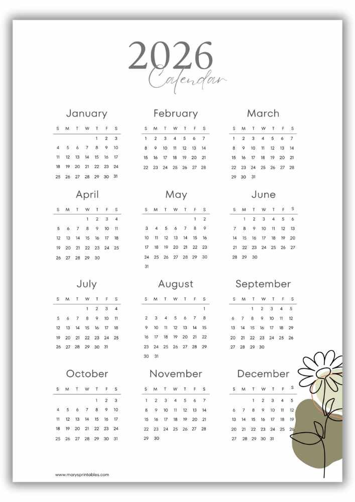 2026 printable calendar featuring a modern daisy line-art illustration in the corner and a simple, uncluttered no-holidays layout.