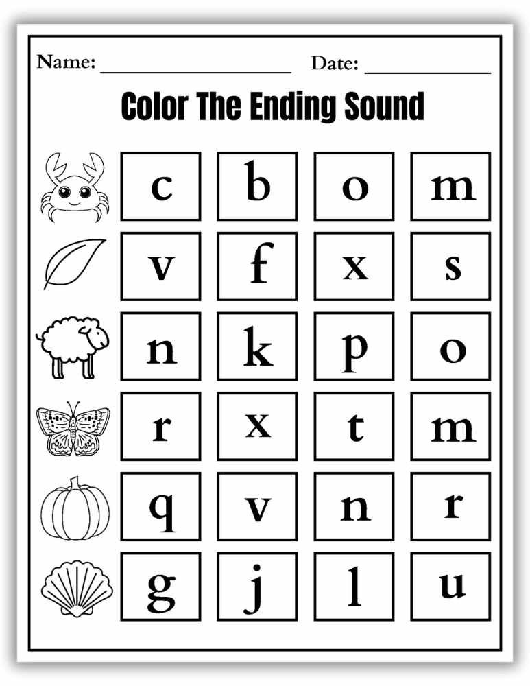 General alphabet worksheet reinforcing ending sound recognition through coloring