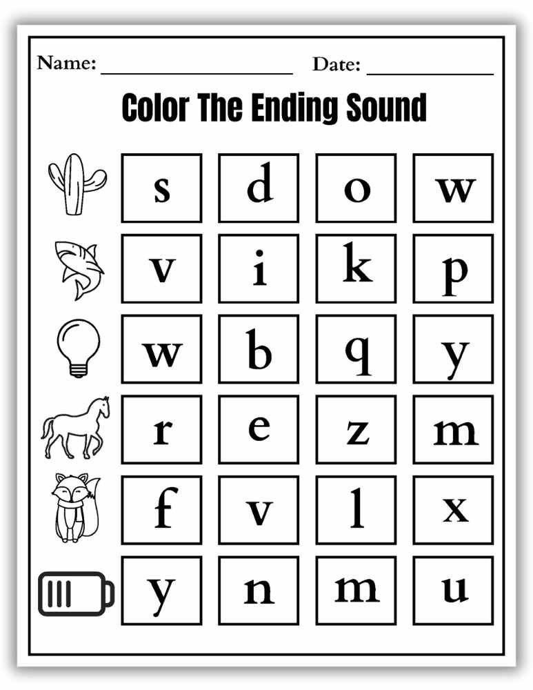 Color the ending sound worksheet combining pictures and words for phonics