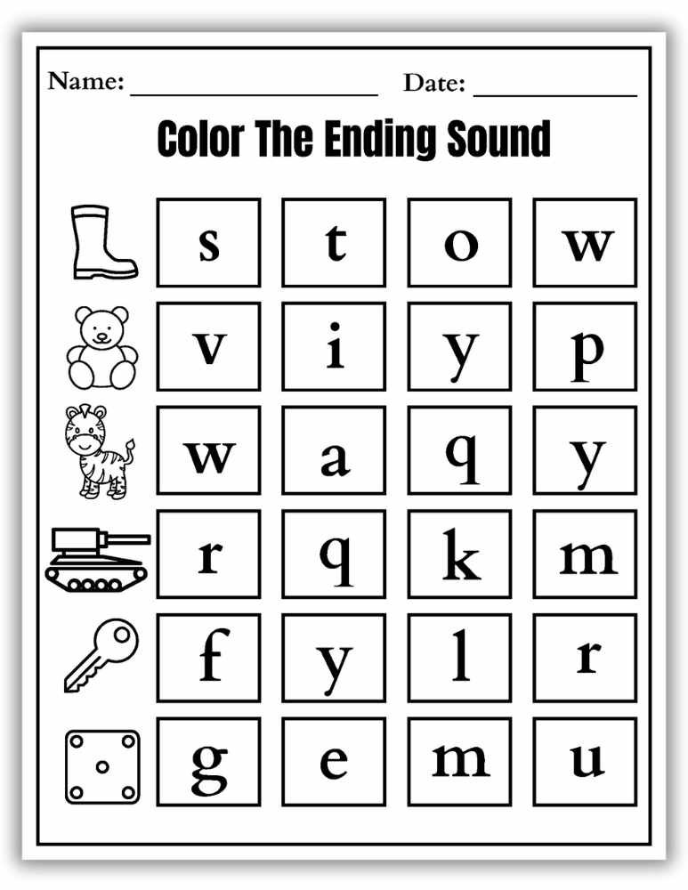 Ending sound coloring worksheet with mixed letter endings for practice