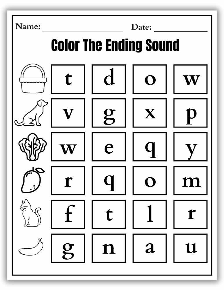 Ending sound coloring worksheet with mixed word patterns for reinforcement
