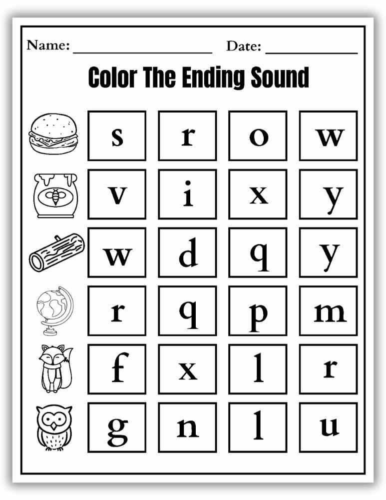 Early literacy worksheet coloring ending sounds in short, simple words