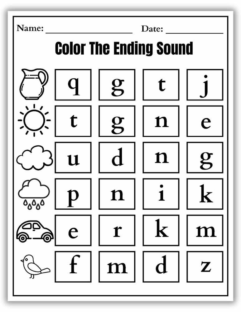 Color the ending sound worksheet focusing on words with the same ending sound