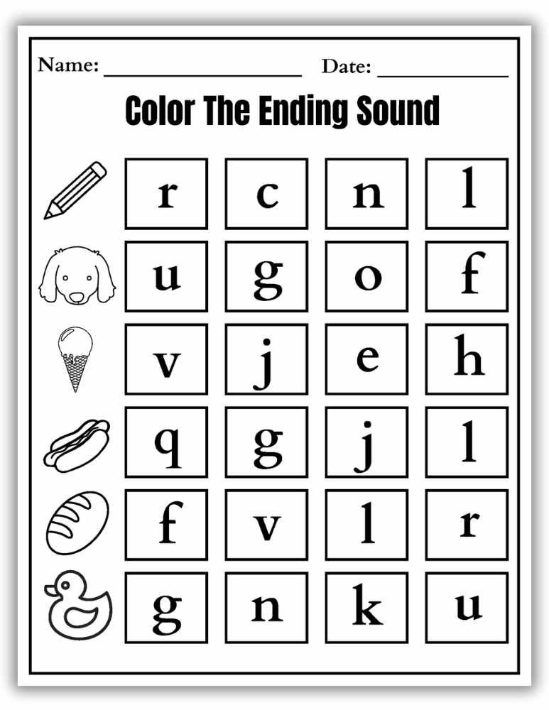 Printable worksheet where children color final consonant sounds in words