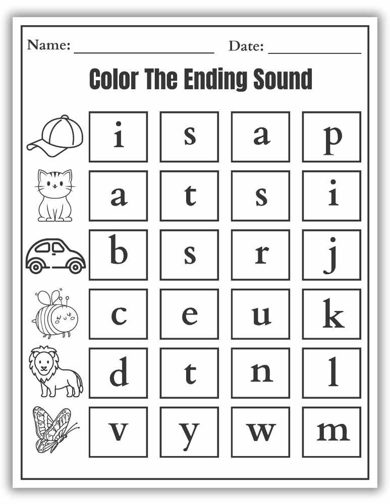 Ending sound coloring worksheet with pictures to support sound identification