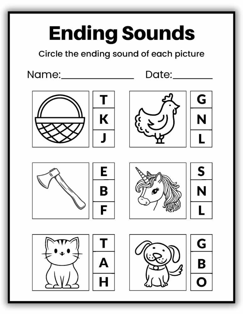 Printable ending sounds worksheet with pictures to support sound recognition