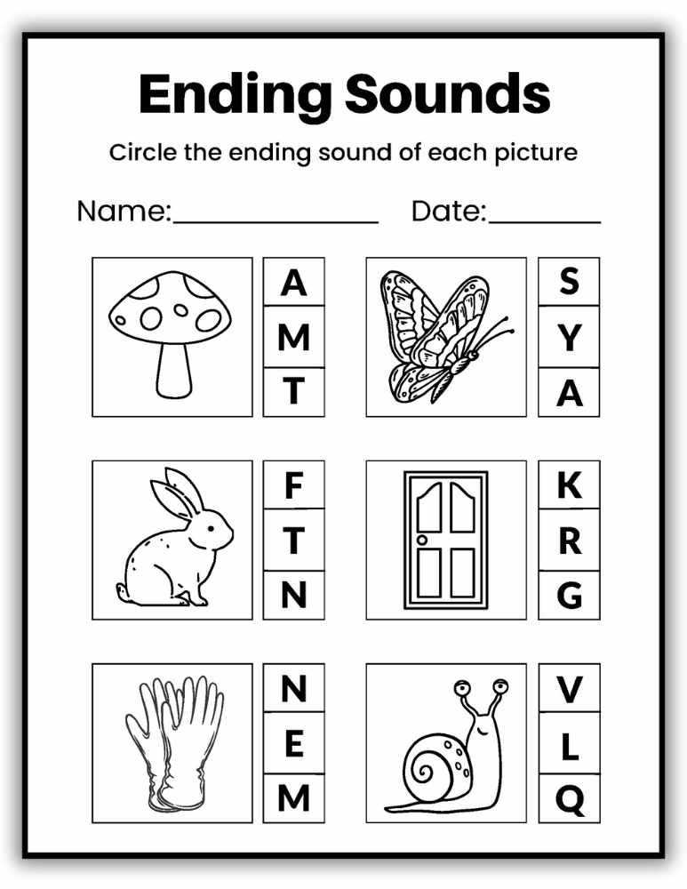 Ending sounds worksheet with mixed letter endings for skill reinforcement