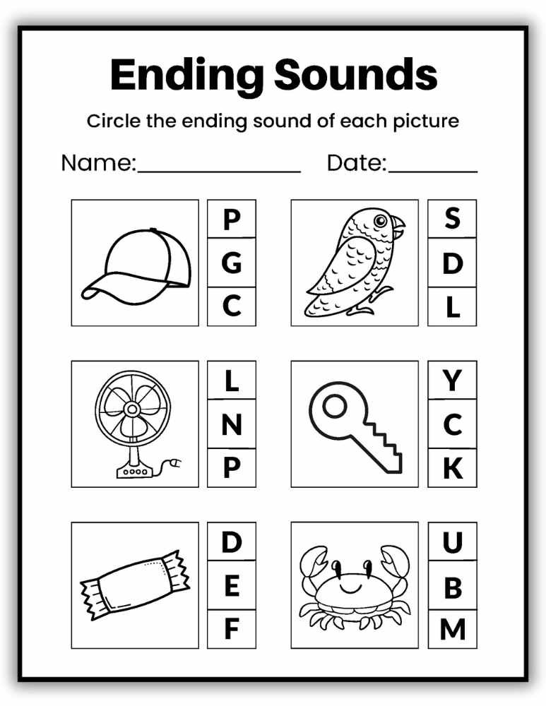 Early literacy worksheet where children identify words with the same ending sound