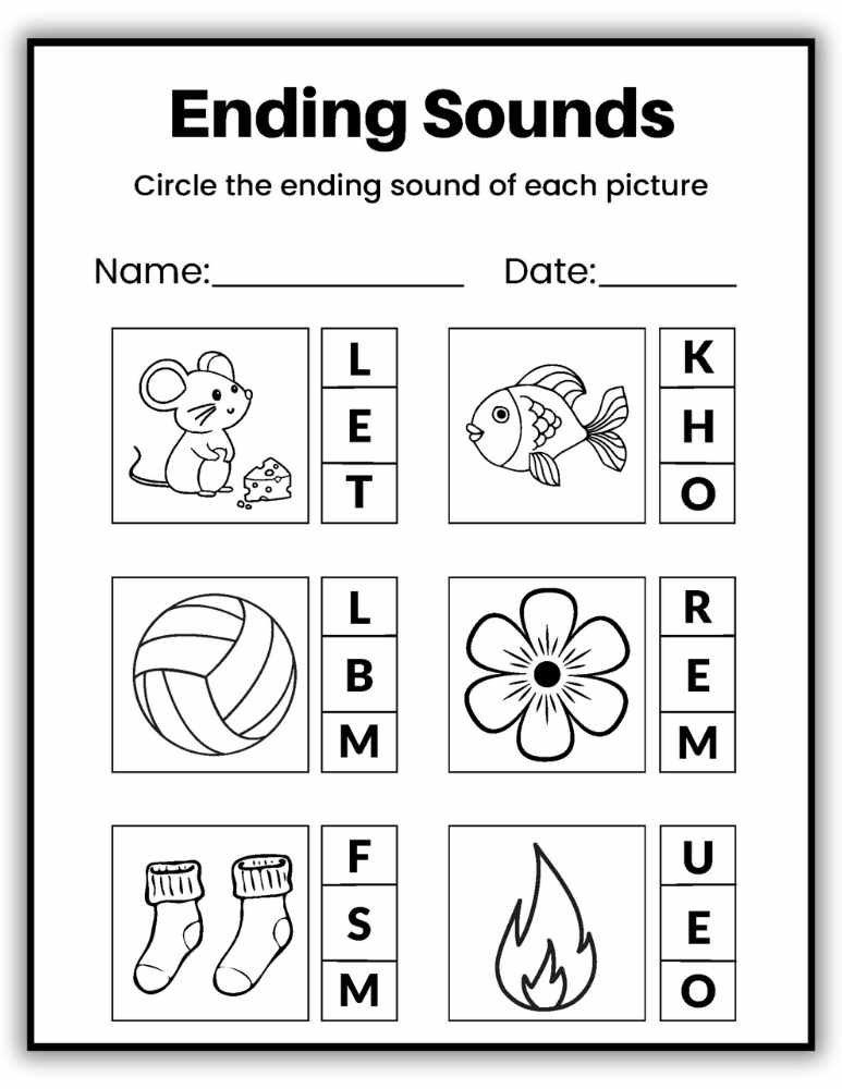 Ending sound worksheet combining words and pictures for phonics practice