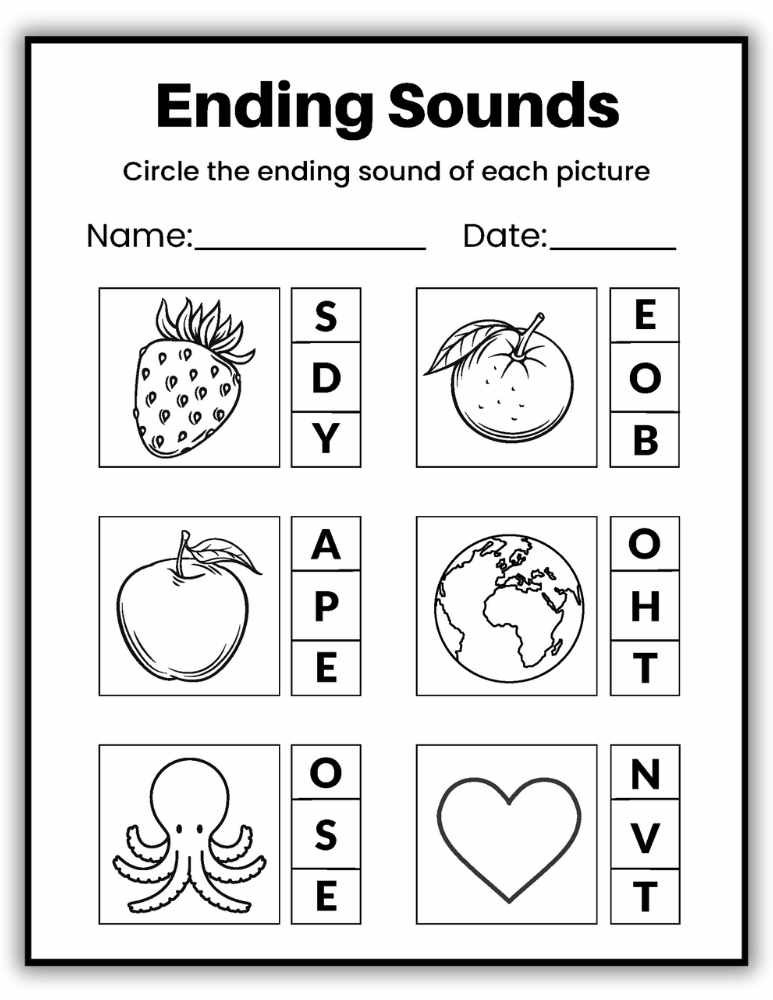Ending sounds review worksheet for preschool and kindergarten students