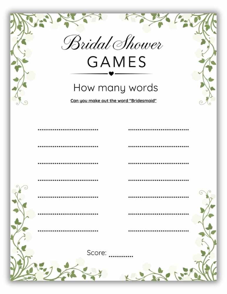 Printable bridal shower word challenge using bridesmaid letters with white floral and green leaves border.