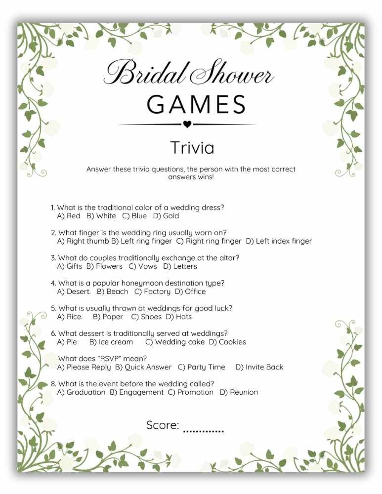 Printable bridal shower trivia activity with white flowers and green leaves floral border.