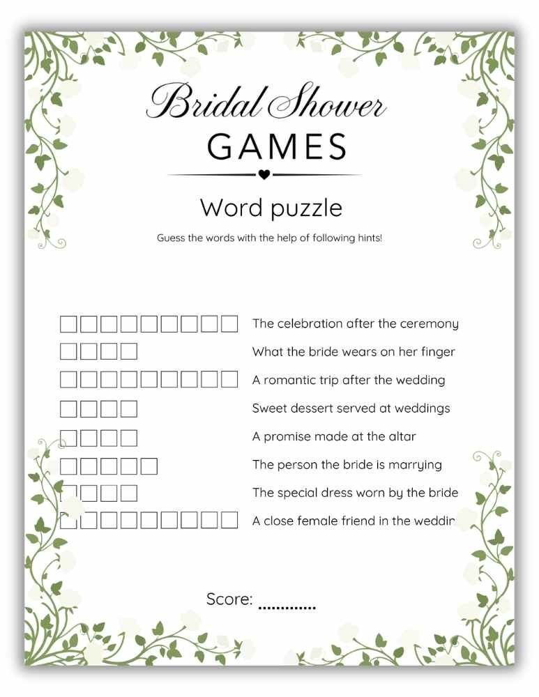 Printable wedding word puzzle bridal shower game with white flowers and green leaves border.