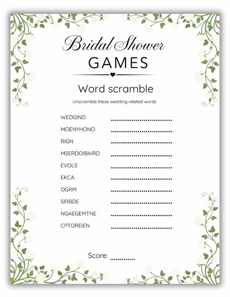Printable wedding word scramble bridal shower puzzle with white floral and green leaves border.