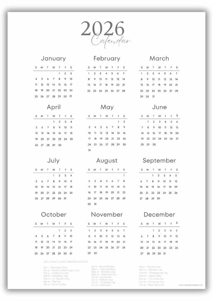 2026 year-at-a-glance calendar in soft grey serif style, displaying all months with a complete list of U.S. holidays.