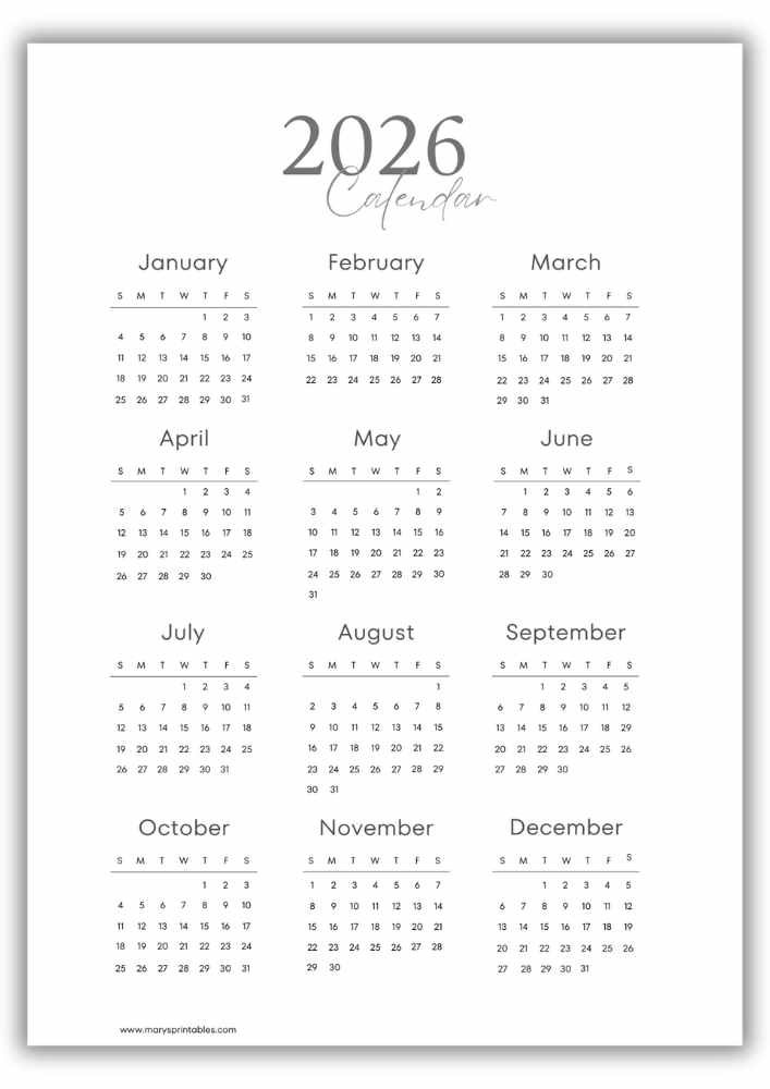 Elegant 2026 calendar with a blush serif title and simple, uncluttered monthly layout without holiday markings.