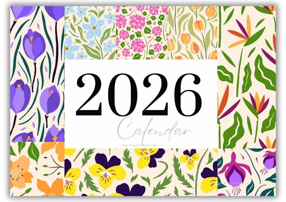 2026 monthly calendar cover featuring vibrant floral patterns in landscape orientation