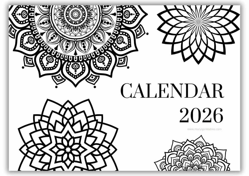 2026 monthly calendar cover with black mandala design in a bold landscape layout