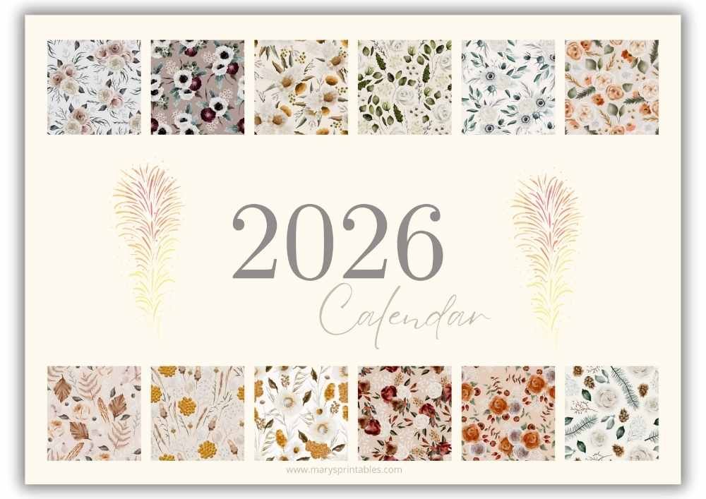 2026 monthly calendar cover with soft watercolor floral artwork in landscape layout