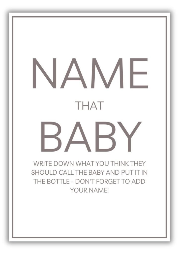 Name That Baby printable baby shower game with neutral gray pastel minimalist design