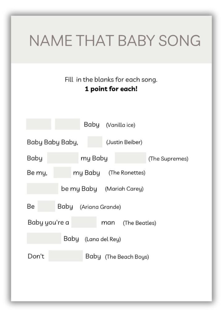 Neutral minimalist baby shower Name That Baby Song printable game sheet with song title fill-in blanks.
