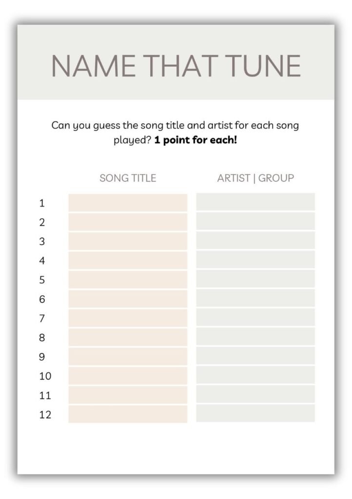 Neutral baby shower Name That Tune printable game sheet with space to write song titles and artists.