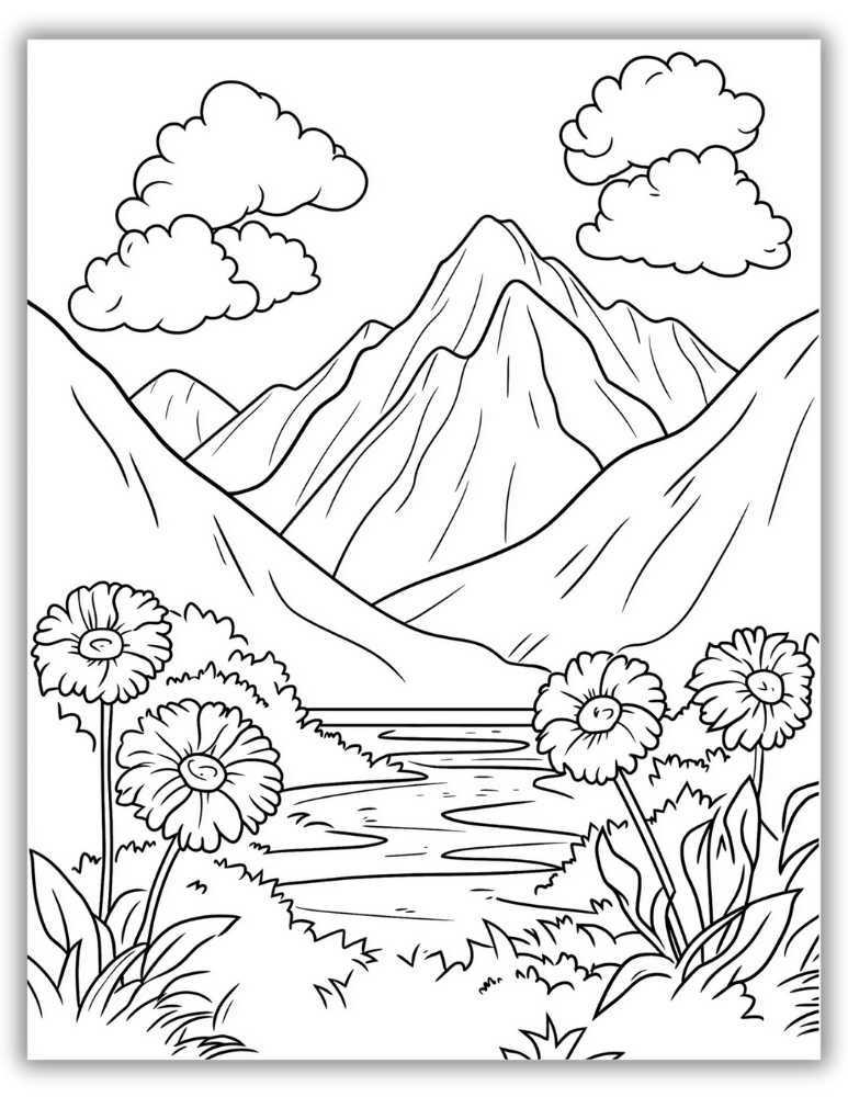 Mountain background with close-up wildflowers – free printable PDF coloring page combining scenic views with floral charm.