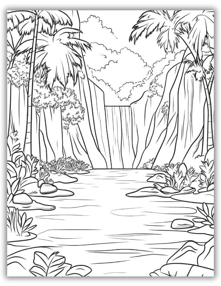 Mountain landscape with trees and clouds – free printable PDF coloring page for peaceful nature scenes.