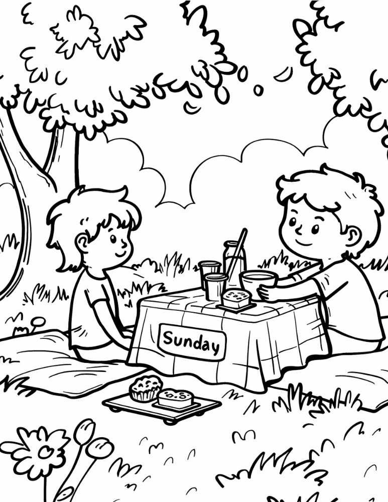 Two kids enjoying a Sunday picnic under the sun – free printable PDF coloring page full of outdoor fun.