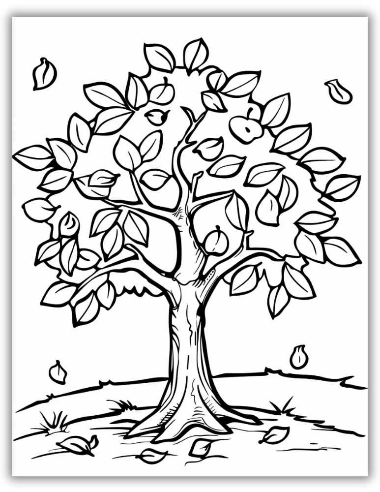 Tree with falling autumn leaves – free printable PDF coloring page for seasonal fun.