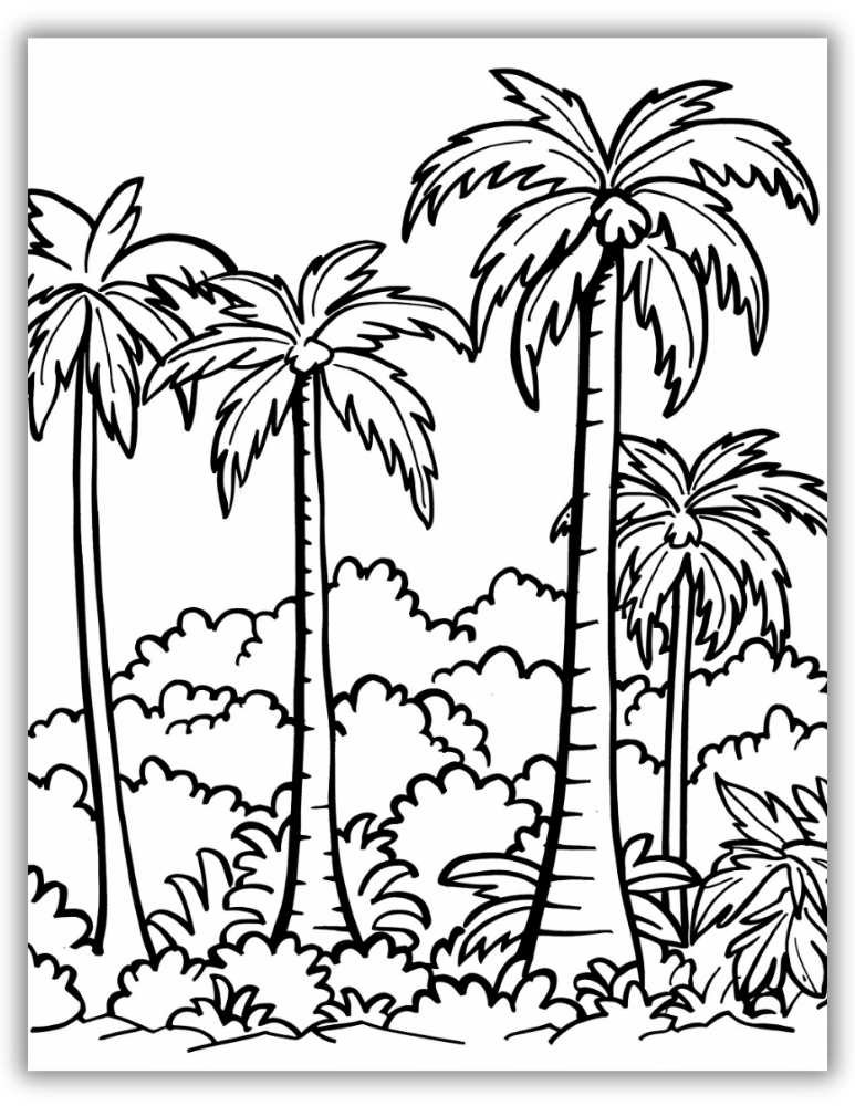 Tropical coconut trees swaying in the breeze – free printable PDF beach-themed coloring page.