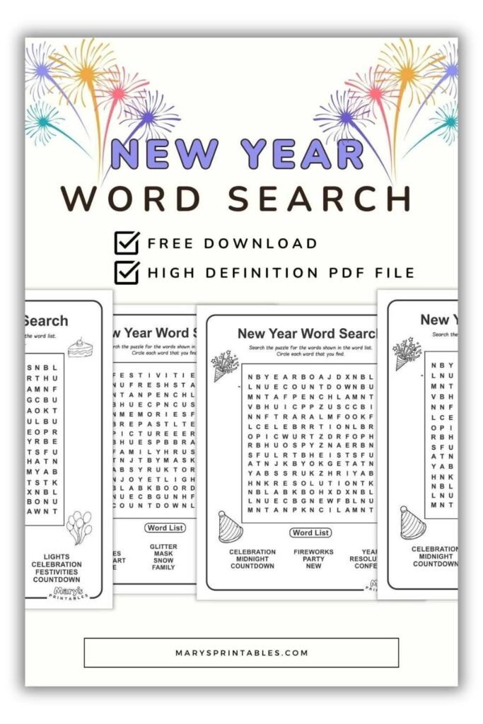 Explore New Year word search printables with reflection themed puzzles
